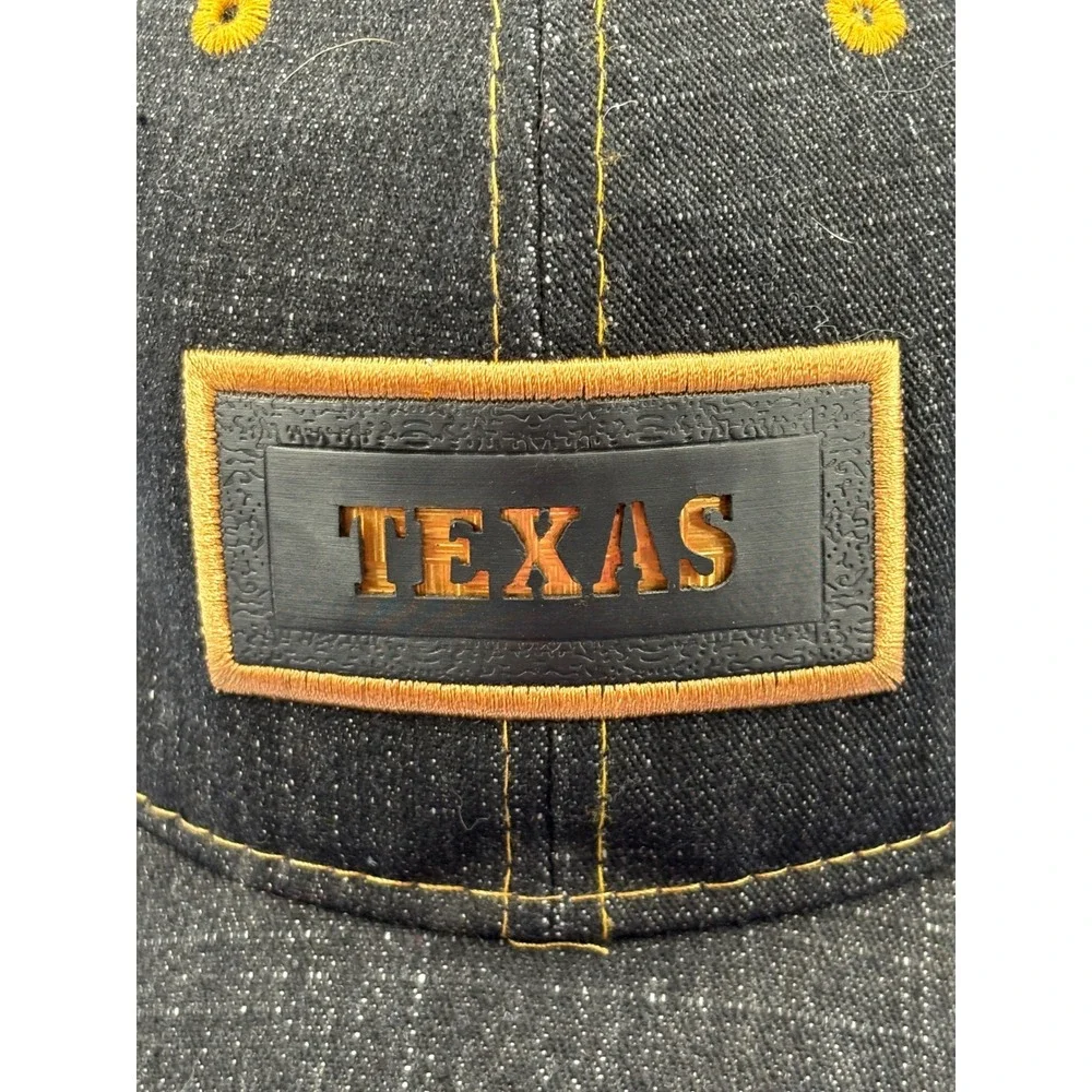 Texas Denim Baseball Hat Gold Contrast Stitching Faux Leather Patch Souvenir Cap